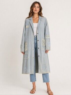 POL Embroidered Distressed Denim Duster Coat Blue Small NWOT